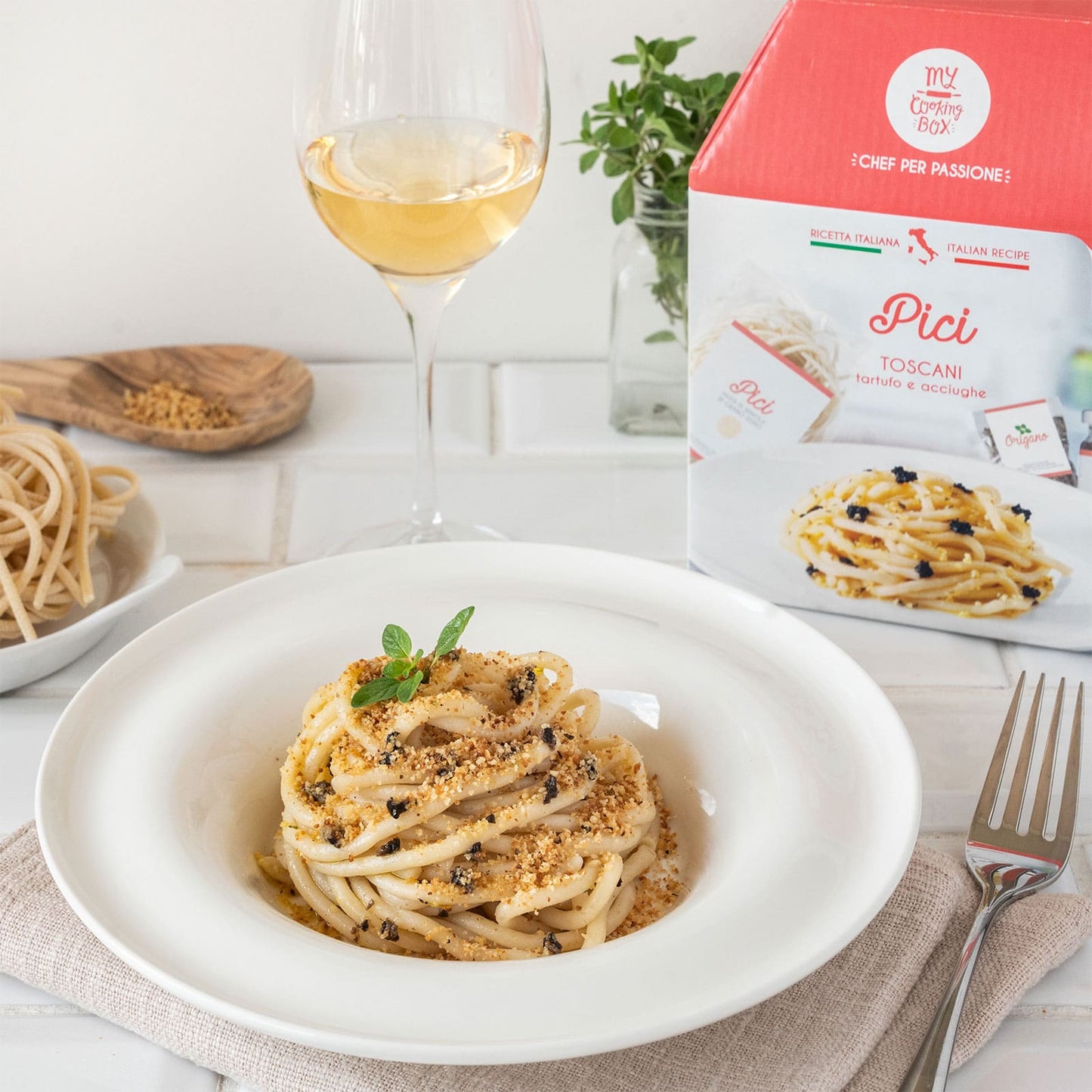 Pici pasta with truffles breadcrumbs and anchovies 