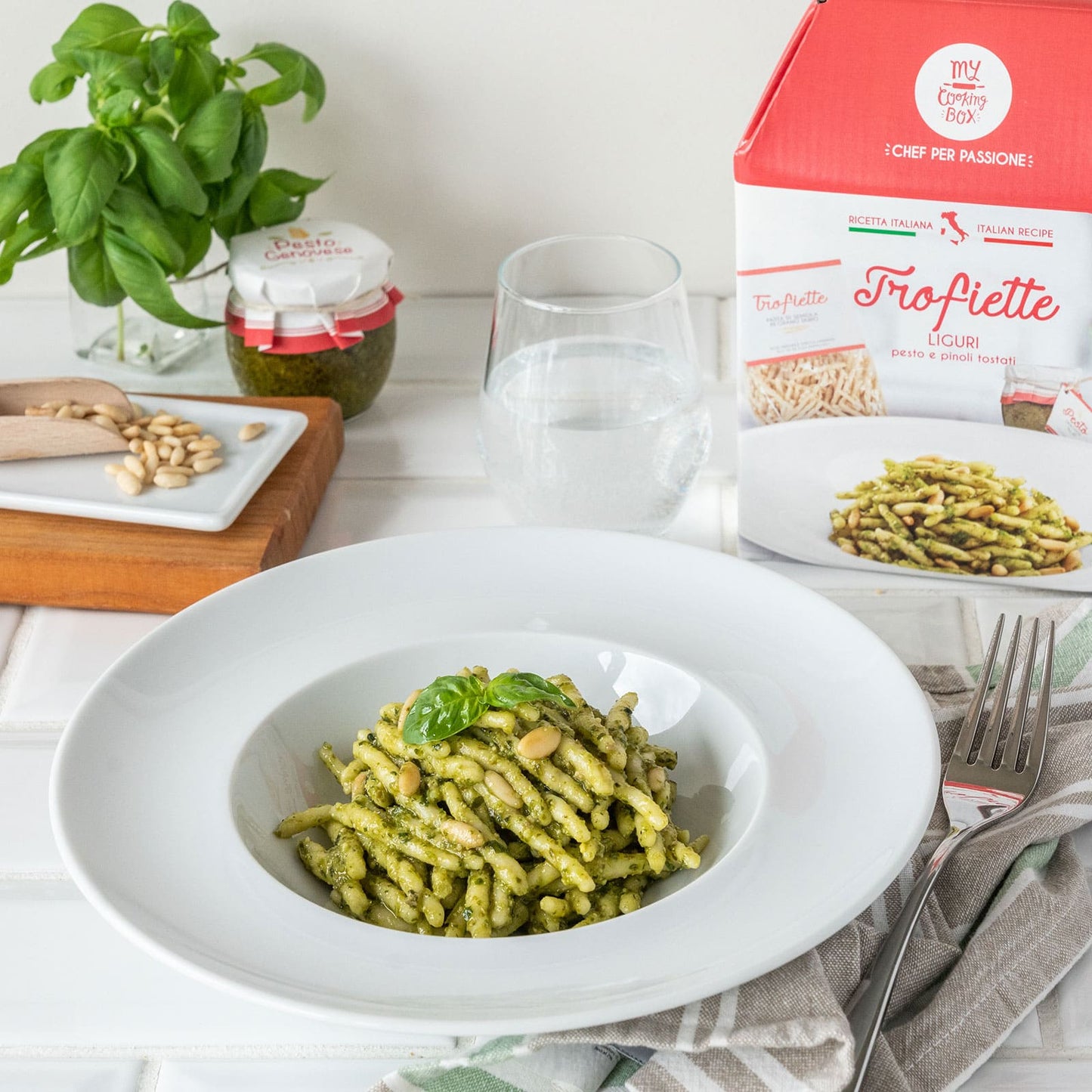 Ligurian trofiette pasta with pesto alla genovese and toasted pine nuts